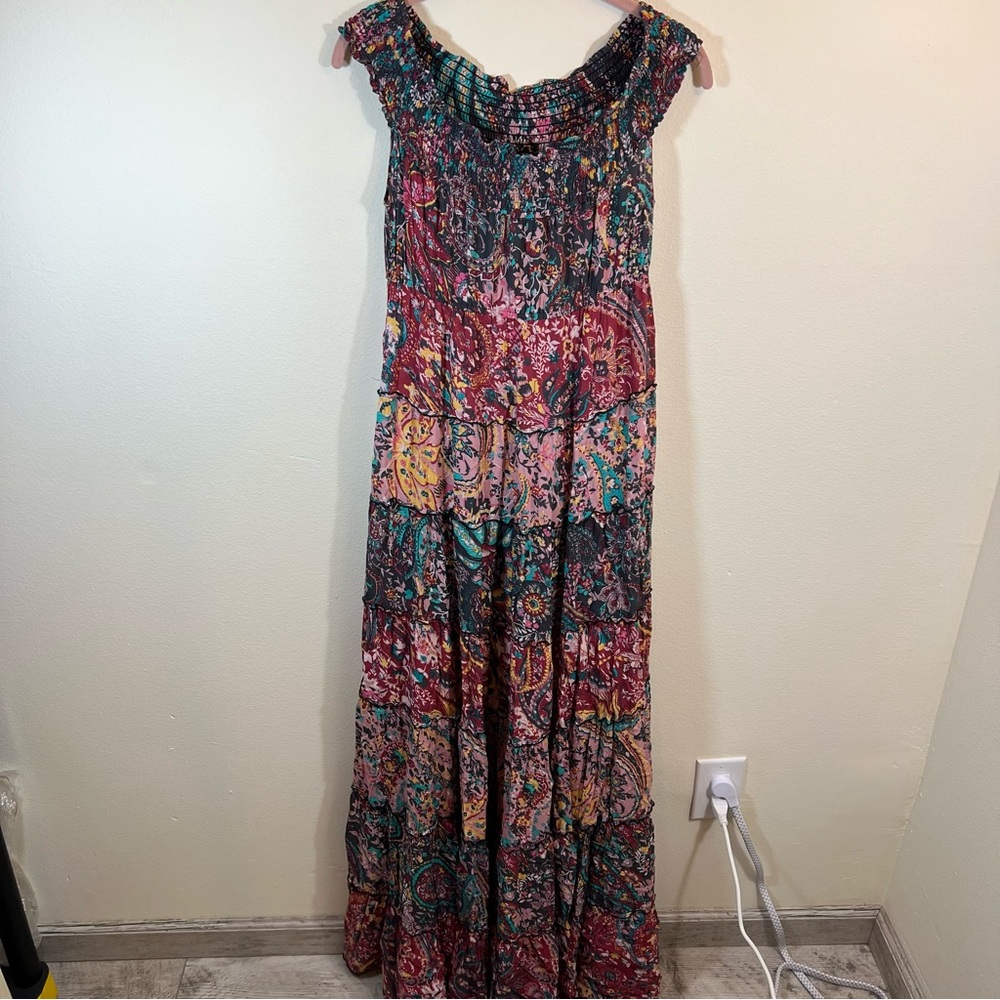Free People Floral Cascade Maxi Dress Pink Blue Off the Shoulder Small - Picture 3 of 13